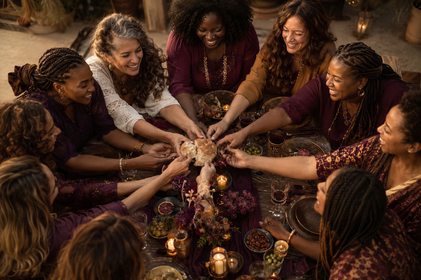 Women breaking bread together at the table